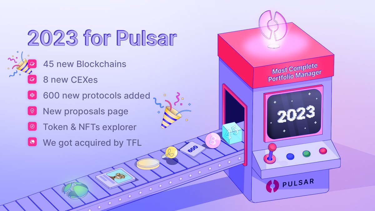 The year of 2023 was a hell of a year for us! 🙌 👉 45 new Blockchains (EVMs, @solana, @Cardano, @trondao and others) 👉 8 new CEXes 👉 600 new protocols added 👉 New proposals page 👉 Token & NFTs explorer 👉 Pulsar got acquired by @terra_money With it, Pulsar Finance…