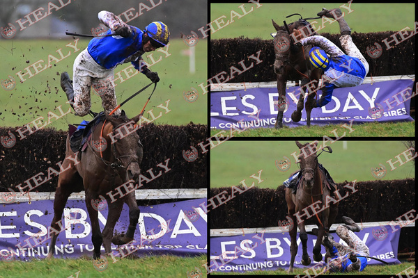 GRAINNE A CHROI & Eoin O'Brien go their seperate ways at the last fence in the 4YO Mares Maiden at Dromahane PTP, Both were OK after their fall healyracing.ie