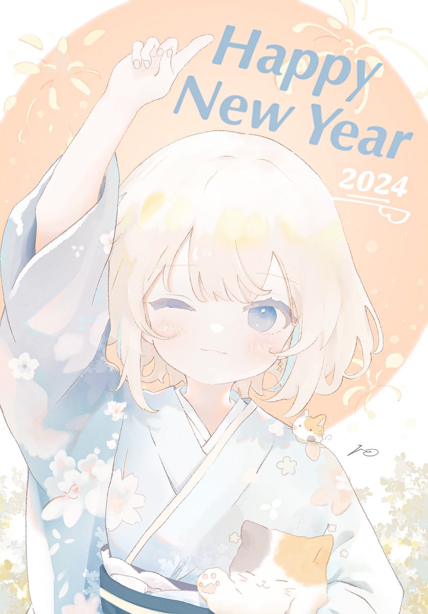 1girl kimono japanese clothes one eye closed happy new year new year blue eyes  illustration images