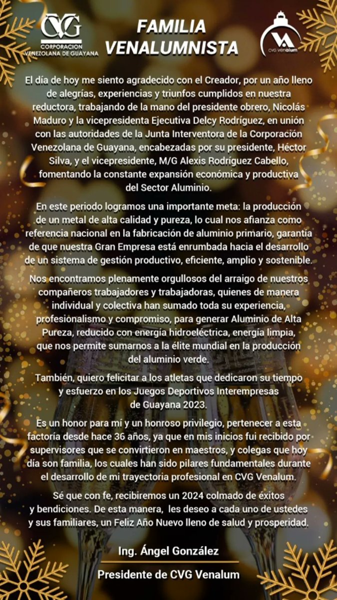 VENALUM_CVG's tweet image. Mensaje  de fin de año del Presidente, Ángel González, para todos los trabajadores y trabajadoras de nuestra gran empresa CVG Venalum. 

#NadaNosDetiene 
#PuroAluminioVenezolano
@burrundangac 
@CVG_Oficial 
@delcyrodriguezv 
@Hectorsilvavzla