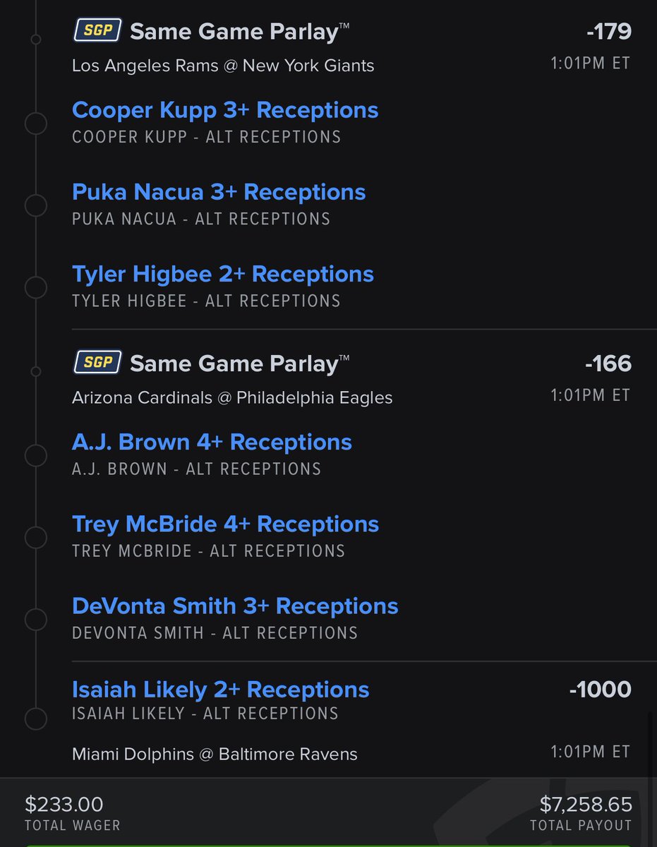 FanduelGuru777's tweet image. MORNING Fam!!! 
Let’s roll today!!! 
* ALT RECEPTIONS PARLAY!! 
* Very hittable
* more parlays to follow before kickoff. #fanduel #parlay #receptions 

account.sportsbook.fanduel.com/sportsbook/add…