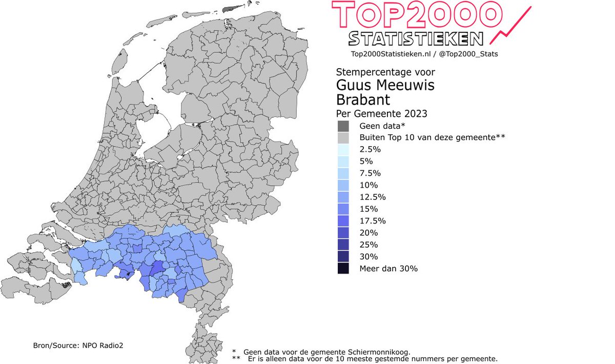 Top2000_Stats's tweet image. Even een open deurtje intrappen: Een kaartje met de gemeenten waarin Brabant van Guus Meeuwis in de Top 10 staat inclusief bijbehorend stempercentage! #Top2000