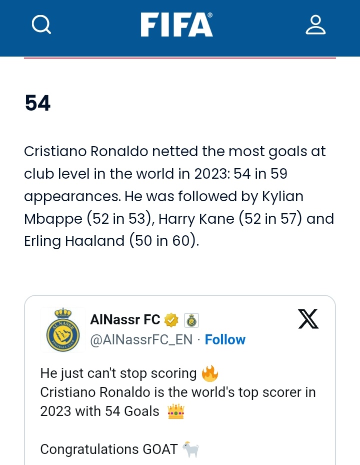 La FIFA reconnaît le record mondial de Cristiano Ronaldo en tant que meilleur buteur de l'année 2023 👍