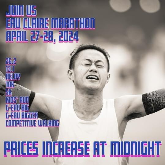 Prices for ECM weekend 2024 increase tonight at midnight! 

#marathon #halfmarathon #relay #10K #5K #runWisconsin