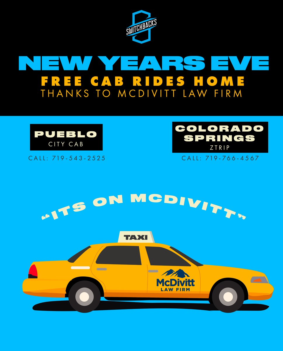 Happy New Years Eve! If you are planning on going out tonight, get a safe ride home on McDivitt Law Firm! For more information about a free ride tonight, click the link here: bit.ly/3RFmTsA

#mycitymyteam #switchbacksfc