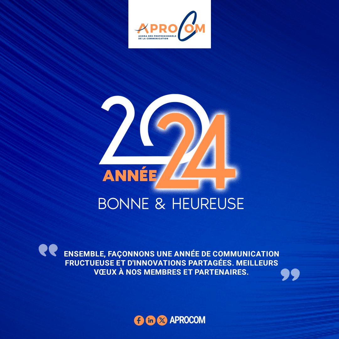 Meilleurs vœux à chacun/e de vous ! 

En 2024, engageons-nous davantage à promouvoir activement tous les métiers de la communication au Togo. 

Ensemble, faisons briller la diversité et l'excellence de ces professions. 
.
.
.
 #ApérosDeLaCommunication #Aprocom #Communication
