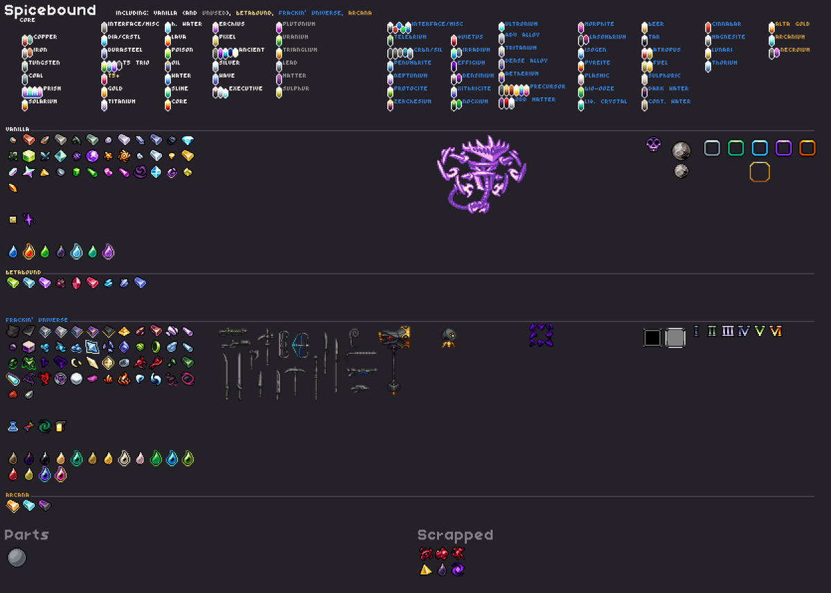 I'm back home! whoa!!!
the sheet for my #Starbound #texturepack got a lot larger :3
#pixelart #ドット絵
