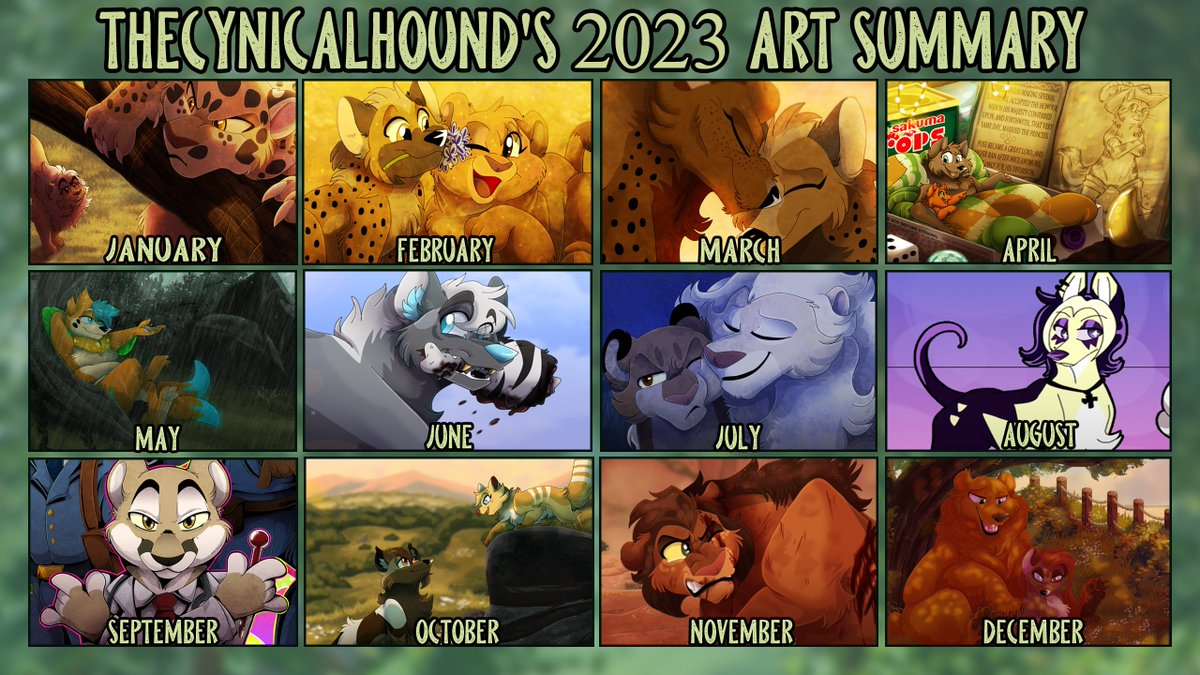 TheCynicalhound's tweet photo. ✨ART SUMMARY 2023✨
I'm super proud of the illustrations I manage to put out this year despite how...rough...this year was for me. Thank you for sticking by and supporting me for 2023.

Onward to 2024!🎉 https://t.co/sB10R6zeBj
