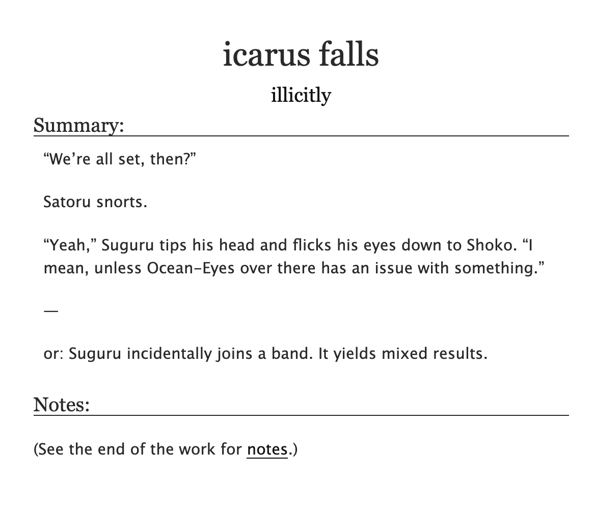 illikitly's tweet photo. and now, for my entirely self indulgent satosugu band au fic where stsg are just gay and in a band (pt 1/4)

— icarus falls
ch. 1 ; exit wounds
https://t.co/JHj6O93enC https://t.co/8X7sgKu0kX