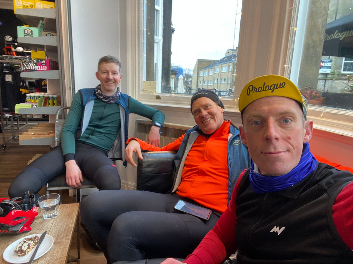 WetherbyVelo's tweet photo. Magnificent day in the saddle, riding the @struggleevents NYE charity ride. Raising money for @HgateHomeless. 
Well done to @AndyKeay @Alwilly83 and @jimmcquaid for flying the flag. 
Excellent refreshments provided by @PrologueCycle café (particularly the Rocky Road 😋) https://t.co/YzJFX04Uk5