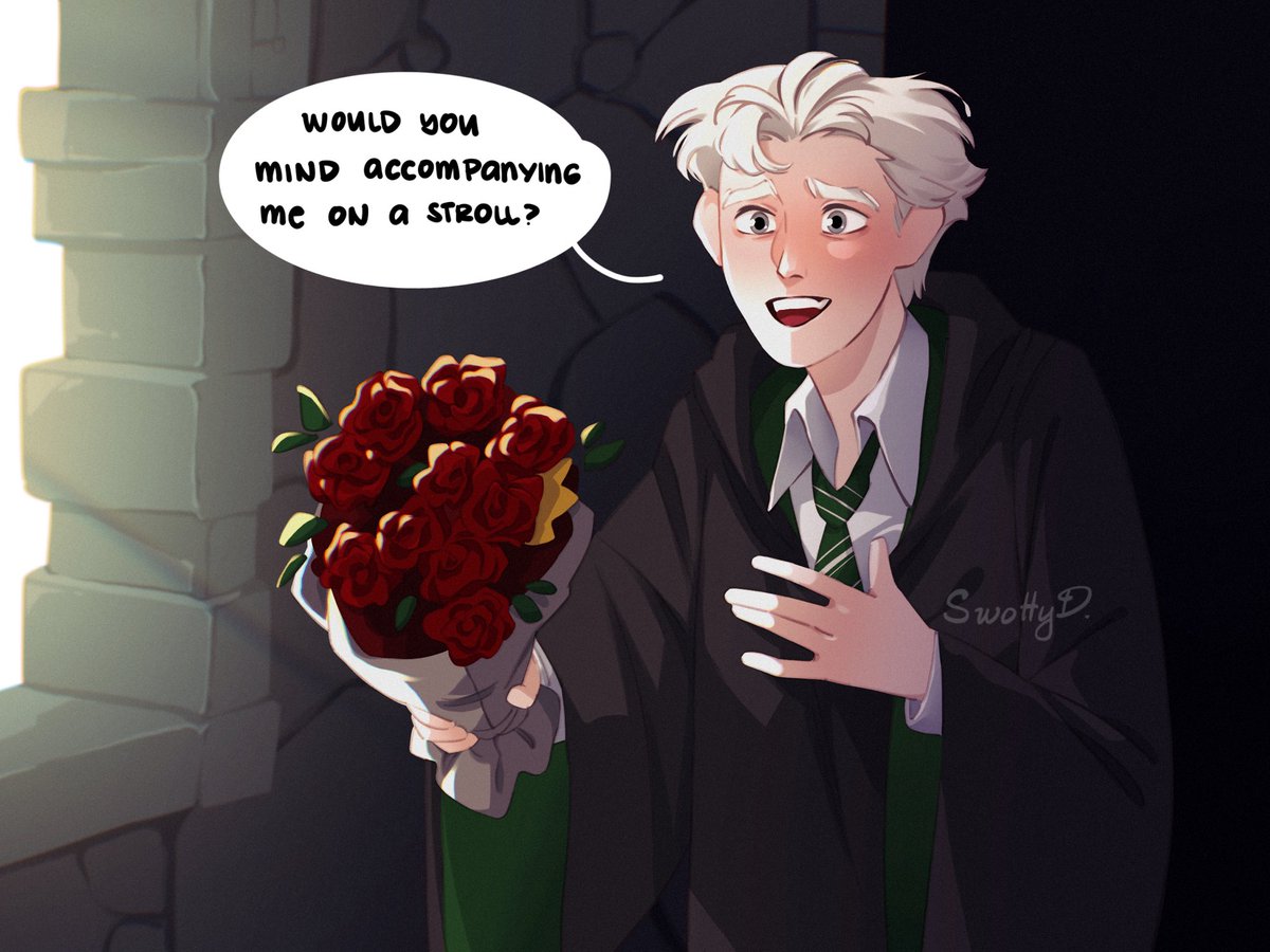 swottydoodler's tweet photo. POV: Draco forgets who he is for a moment and one of the first things he does is fall in love with Hermione, despite what his housemates say about her. On the other hand, Theo thinks it'll be a good idea to encourage Draco to ask her out. So he does😗😗 https://t.co/20Ye0OeyB5
