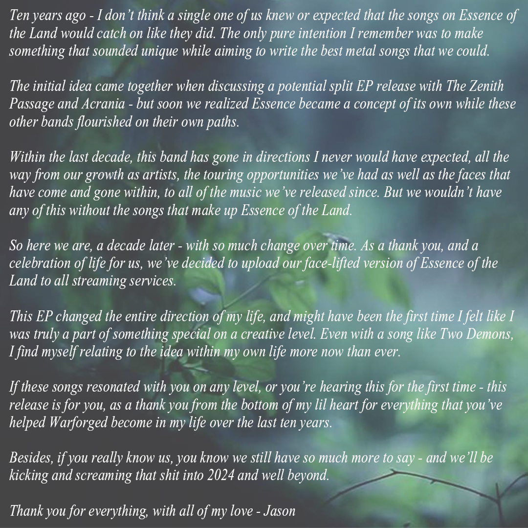 Ten years of Essence of the Land.

Essence of the Land Redux (remixed, remastered, and partially re-recorded) is available on all streaming services now.

You can also pre-order a limited anniversary shirt on our webstore.

Nothing but love from all of us to you ♥