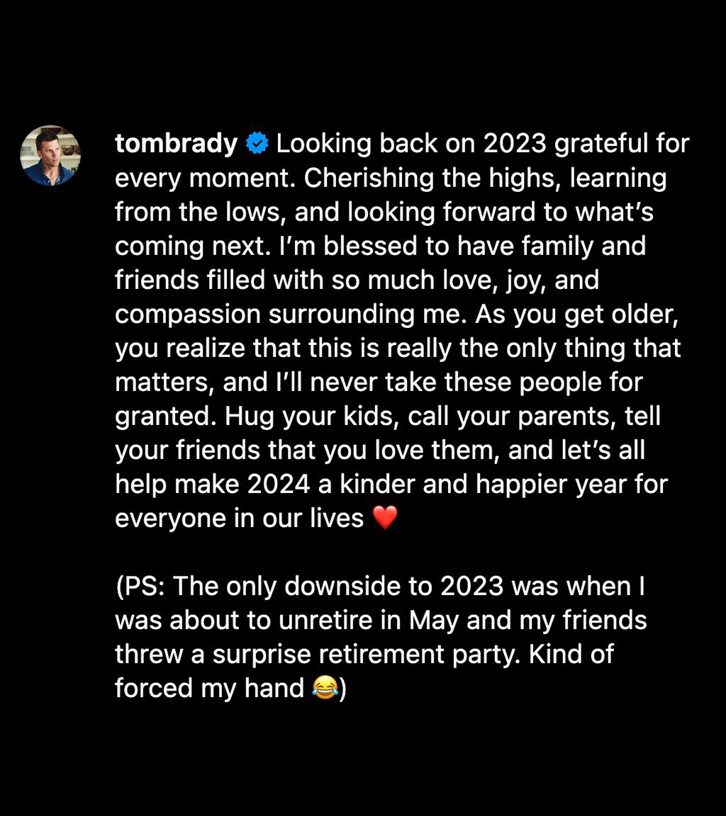 TomBradyEgo's tweet photo. Tom Brady says he was "about to unretire" in May this year until his friends threw him a retirement party 😂 https://t.co/64WliUe5mf