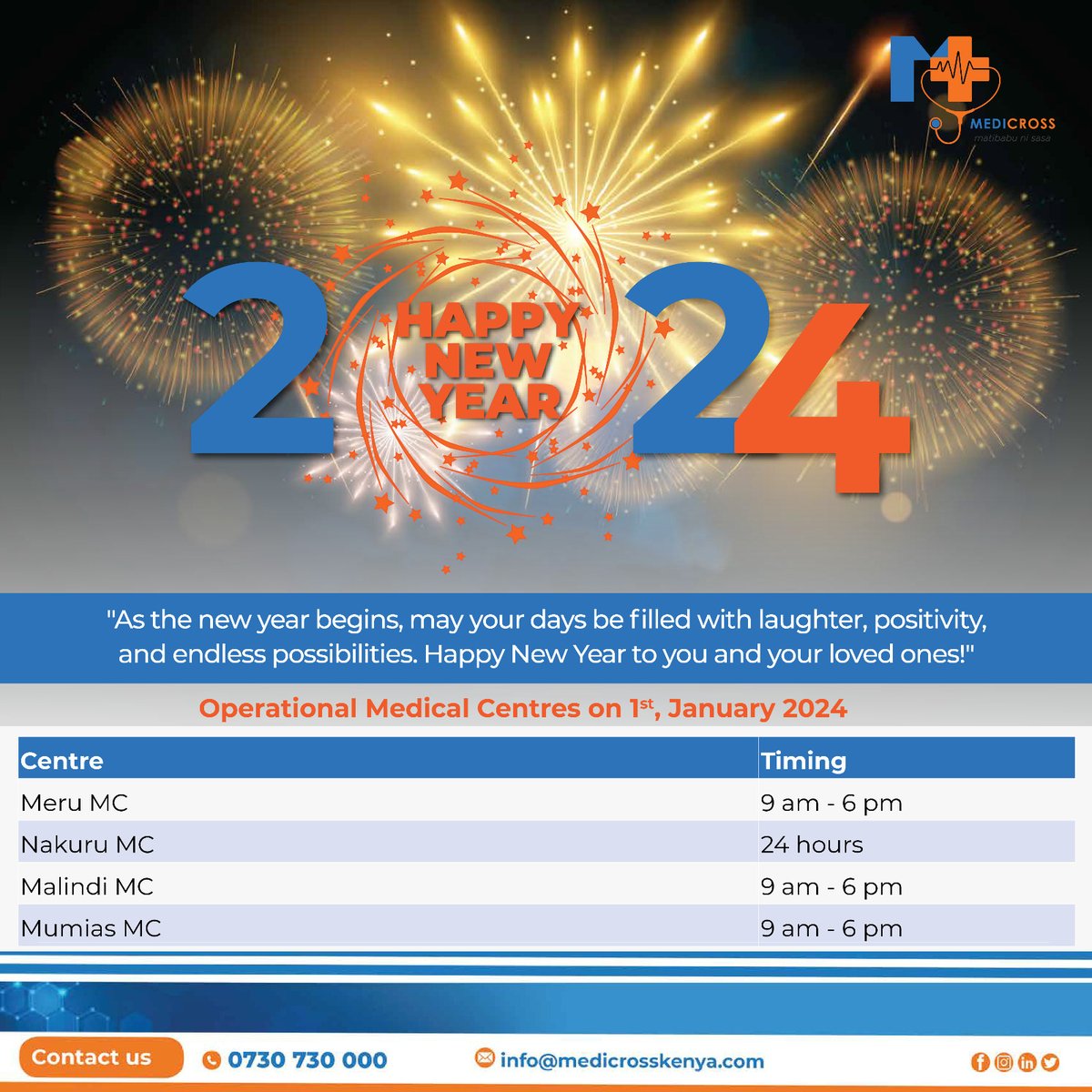 🎉 Happy New Year from Medicross Medical Centres! 🌟 Wishing you a year filled with good health and joy. 🏥

Please note that our operational hours will be adjusted on January 1st, 2024. We appreciate your understanding and look forward to serving you in the coming year. 🎊