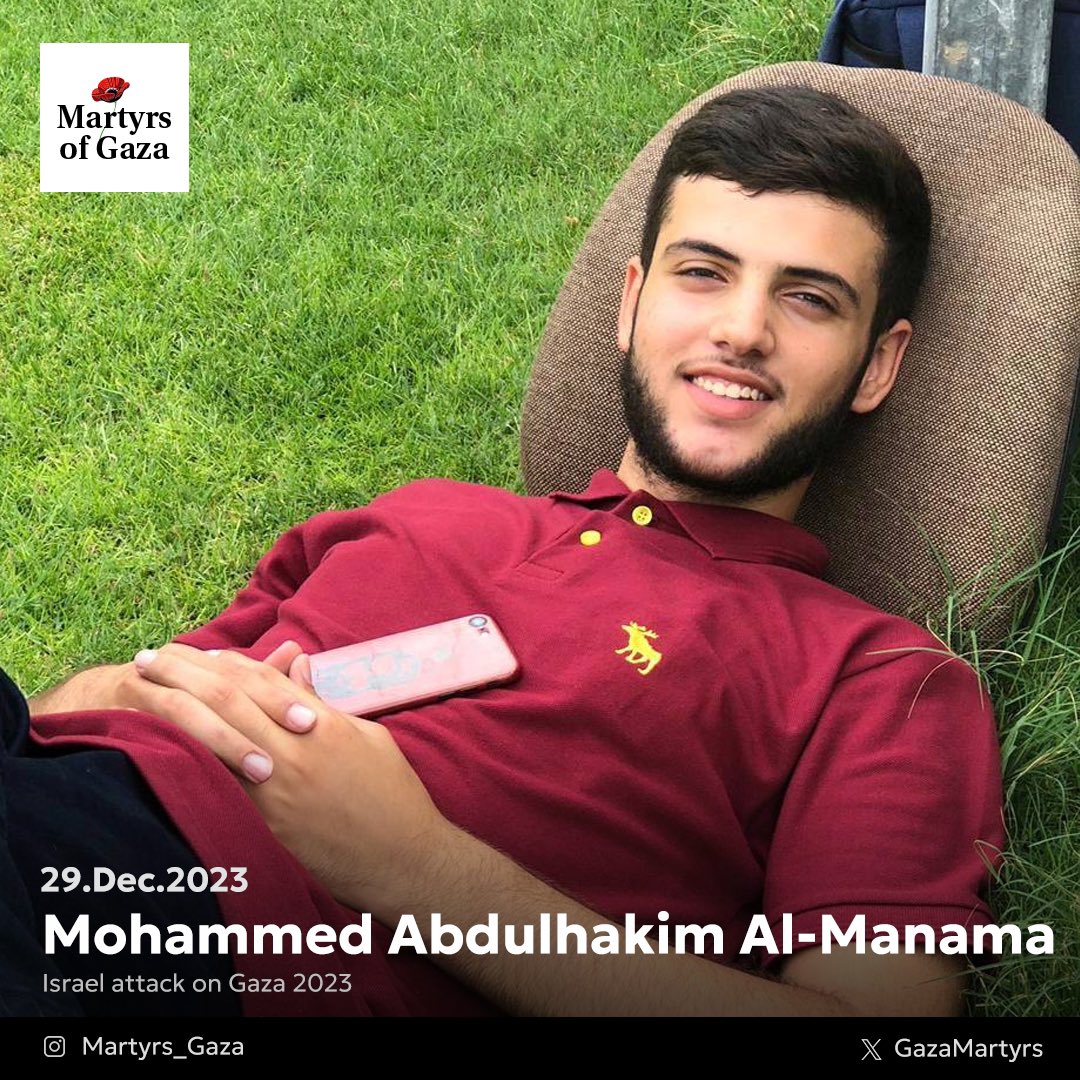 GazaMartyrs's tweet photo. Mohammed Abdulhakim Al-Manama, born in 2000.

Mohammed graduated from the College of Engineering this year, 2023, majoring in Computer Engineering. He had a promising future ahead of him, and his dream was to work in a position at one of the major companies. He had a wedding scheduled for October. He was ambitious, loved life, beautiful, cheerful, and hardworking.

His father was martyred in 2000, and his older brother was martyred in 2012.

On December 27, 2023, the Israeli occupation forces bombed Mohammed's family home, resulting in the amputation of both his legs. He remained in intensive care.

On the morning of December 29, 2023, Mohammed was martyred due to the injuries he sustained.