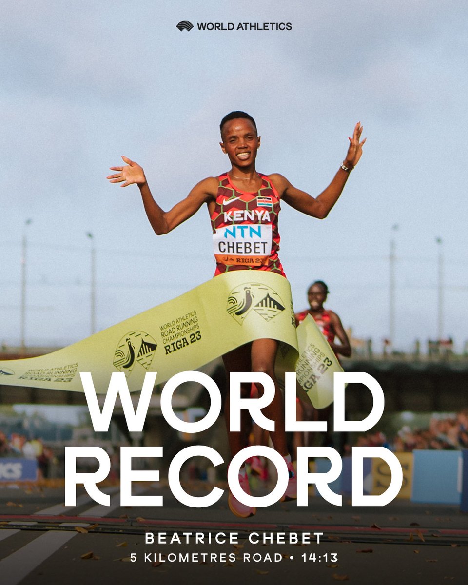 WORLD RECORD 🇰🇪's Beatrice Chebet ends 2023 on a high note as she smashes the world record* of the 5 kilometres on the road with 14:13 at the Cursa dels Nassos in Barcelona 😮‍💨 *Subject to the usual ratification procedures