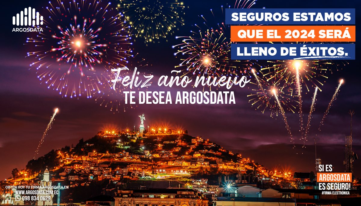 ArgosdataEcu's tweet photo. Feliz año nuevo! Que este 2024 traiga nuevas oportunidades y desafíos que te permitan crecer y alcanzar tus metas empresariales. Recuerda que el éxito no es un destino, sino un camino que se construye día a día con esfuerzo, dedicación y perseverancia.
#SiEsArgosDataEsSeguro #FirmaElectronica #TramitesDigitales #HomeOffice #ArgosData