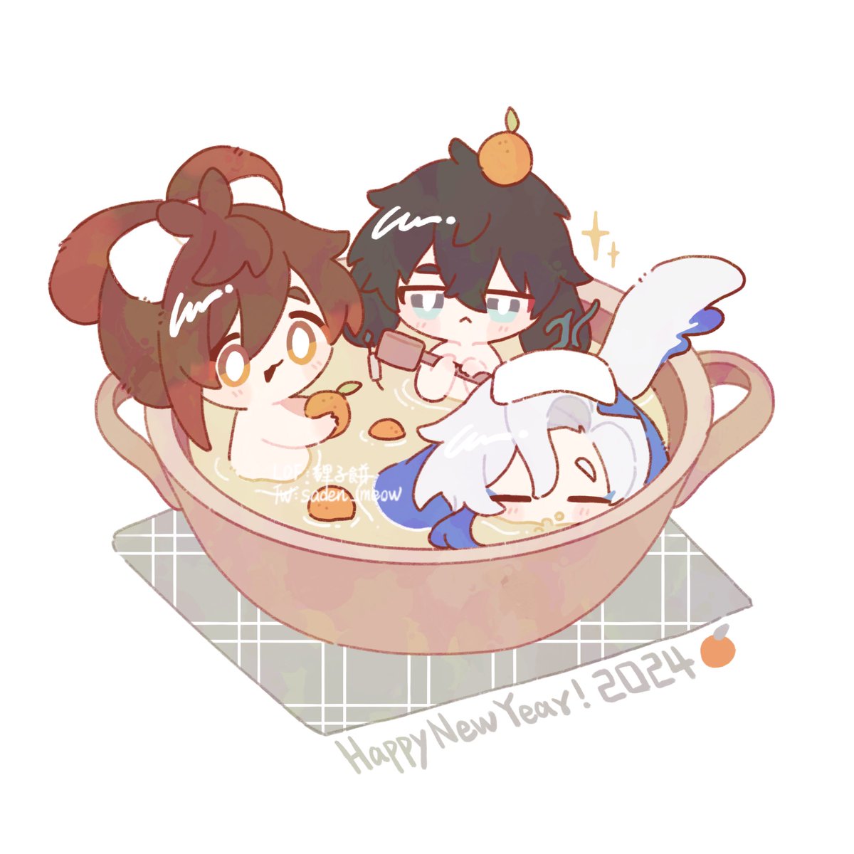 saden_meow's tweet photo. Happy new year 🍊🐰

#Zhongli #Neuvillette #danheng https://t.co/RVCKBGuwrX