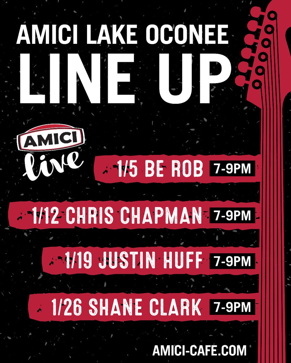 AmiciLakeOconee's tweet photo. NEW YEAR; NEW MUSIC LINEUP!π€© πΆ
Join us at #AmiciLakeOconee every week for live music!π
#Amici #LakeOconeeLiving #livemusic #AmiciLIVE #fun #music #local #foodie #pizzalover #ilovepizza #musiclover https://t.co/I72RsA7HEb