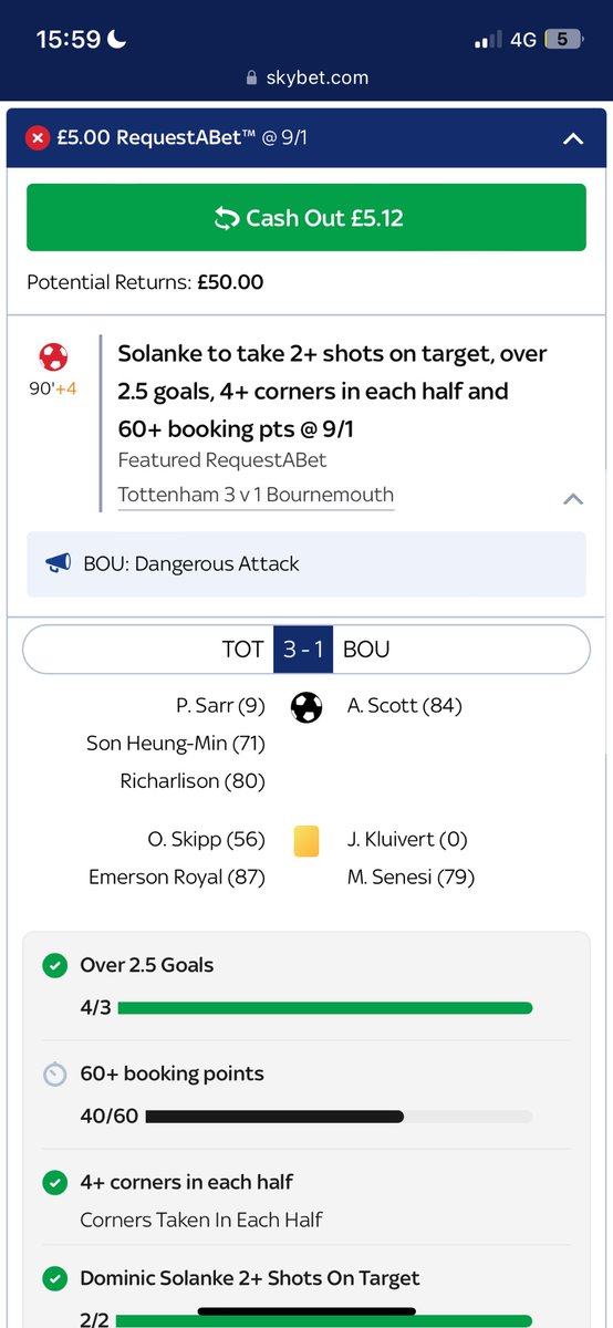 Ben99651467's tweet photo. There was a card in the 84th minute that was updated on the bet on the 90 plus, surely this is out of order cos of the cash out would have Been a lot higher  etc @SkyBet @SkyBetHelp https://t.co/0M8l8TQOtT