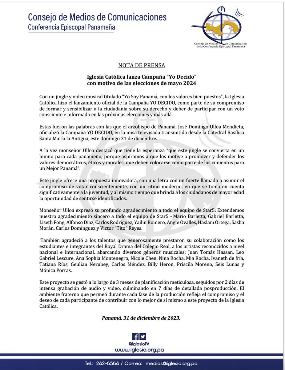 La Iglesia Católica promueve campaña “Yo Decido” para las elecciones y el voto informado para escoger a los mejores por el país.