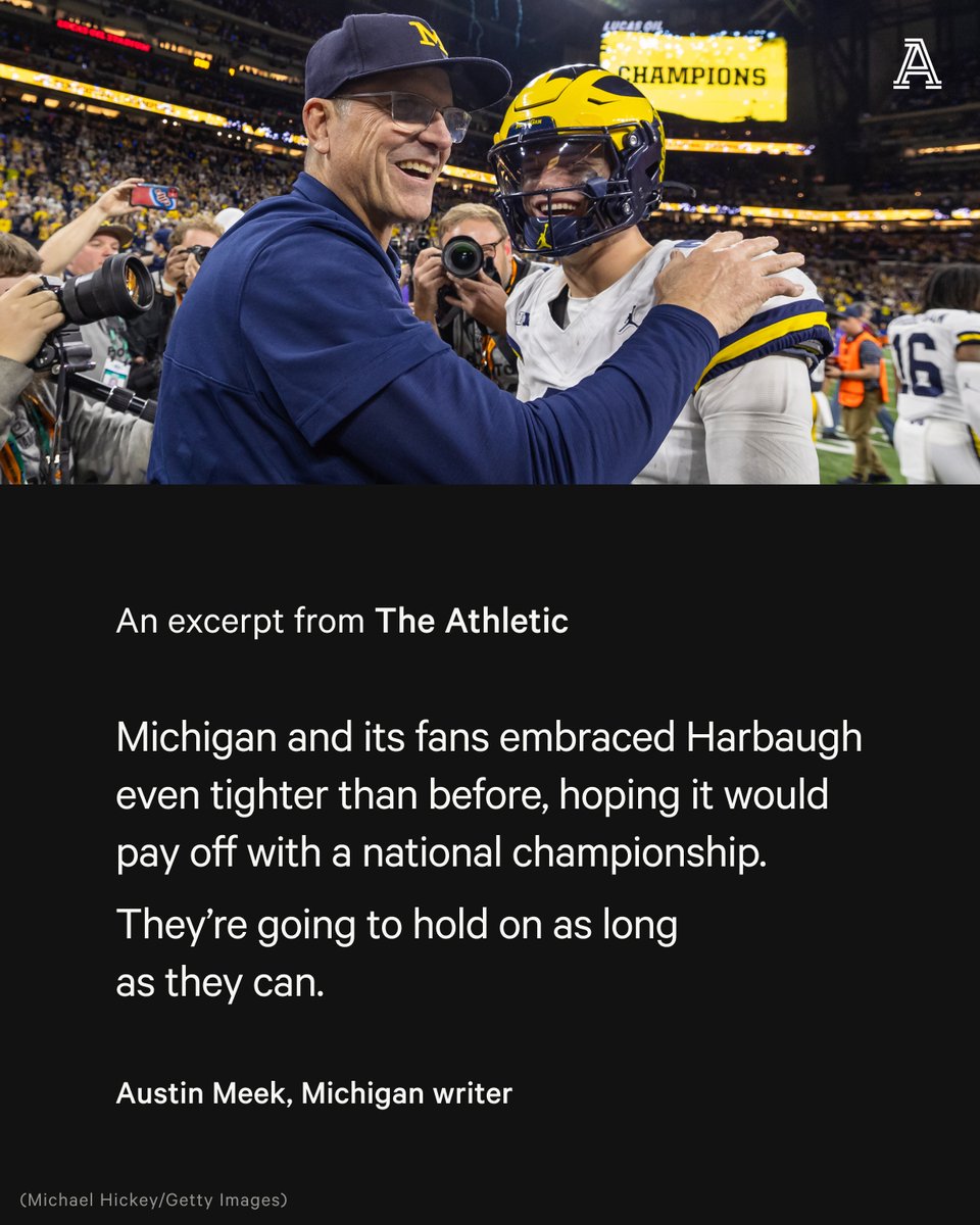 A national championship would be a poetic ending to one of the strangest years any coach has ever had. Michigan has rallied behind Jim Harbaugh, writes @ByAustinMeek. And the Wolverines are united, aiming for the ultimate goal ⤵️ theathletic.com/5170528/2023/1…