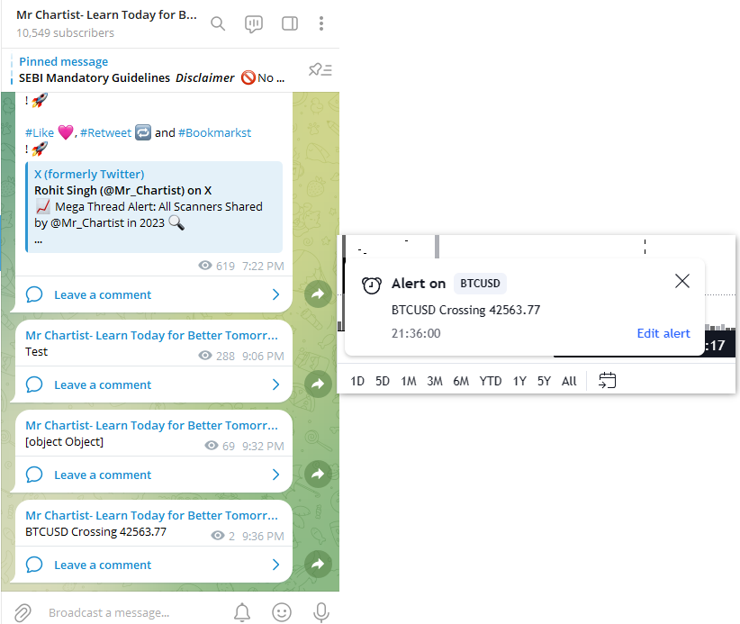 Mr_Chartist's tweet photo. Integration of TradingView Alerts to Telegram Done!!! 

Do You Want a Thread on This? 

#Retweet, #Like & #Follow