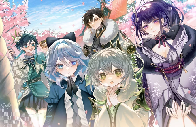あけましておめでとうございます 七神で新年お祝い冬桜〜! #原神 #GenshinImpact