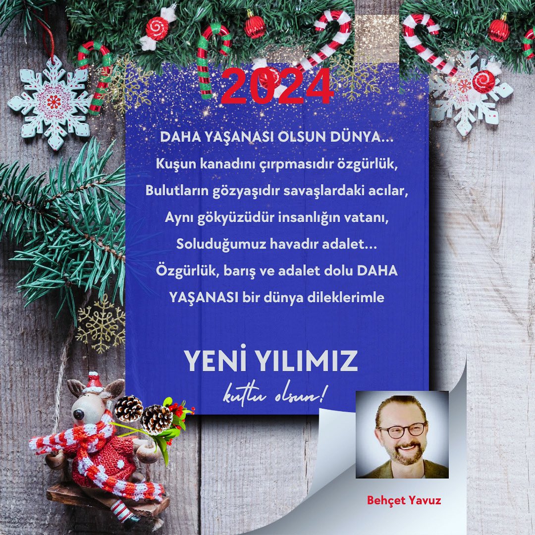 behcet2010's tweet photo. DAHA YAŞANASI OLSUN DÜNYA…
Kuşun kanadını çırpmasıdır özgürlük,
Bulutların gözyaşıdır savaşlardaki acılar,
Aynı gökyüzüdür insanlığın vatanı,
Soluğumuz havadır adalet…
Adalet, özgürlük, barış dolu DAHA YAŞANASI bir dünya dileklerimle yeni yılınızı kutlarım. 
#NewYear2024 #2024 https://t.co/r0IGzqR7Ao