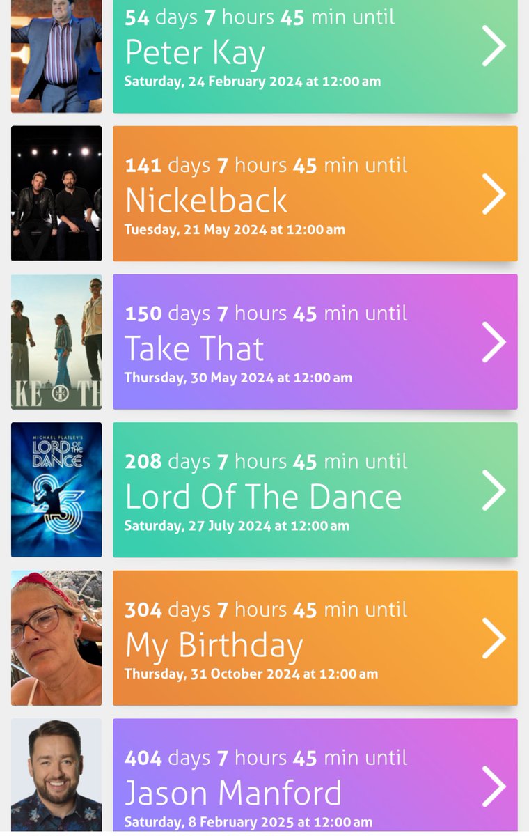 Looking forward to 2024 <a href="/peterkay_co_uk/">Peter Kay</a> <a href="/Nickelback/">Nickelback</a> <a href="/takethat/">Take That</a> <a href="/lordofthedance/">Lord of the Dance</a> <a href="/JasonManford/">Jason Manford</a>