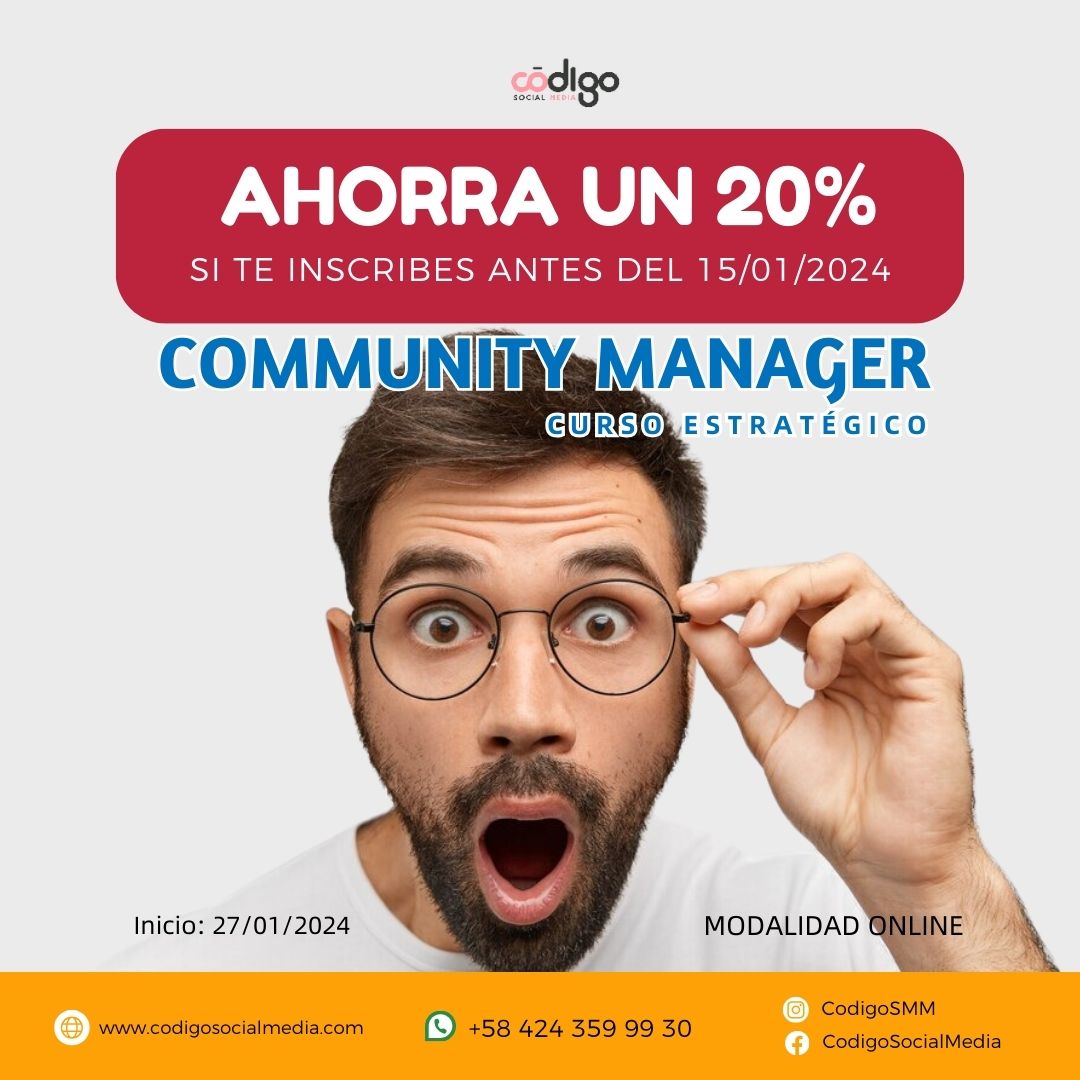 codigoSMM's tweet photo. Año Nuevo, contenido actualizado y 20% de descuento en todos nuestros cursos online si te registras antes del 15/01/2024.
LINK: https://t.co/3PtChMz7Cs 
#communitymanager #empresas #felizanonuevo2024 https://t.co/laksT5siFH