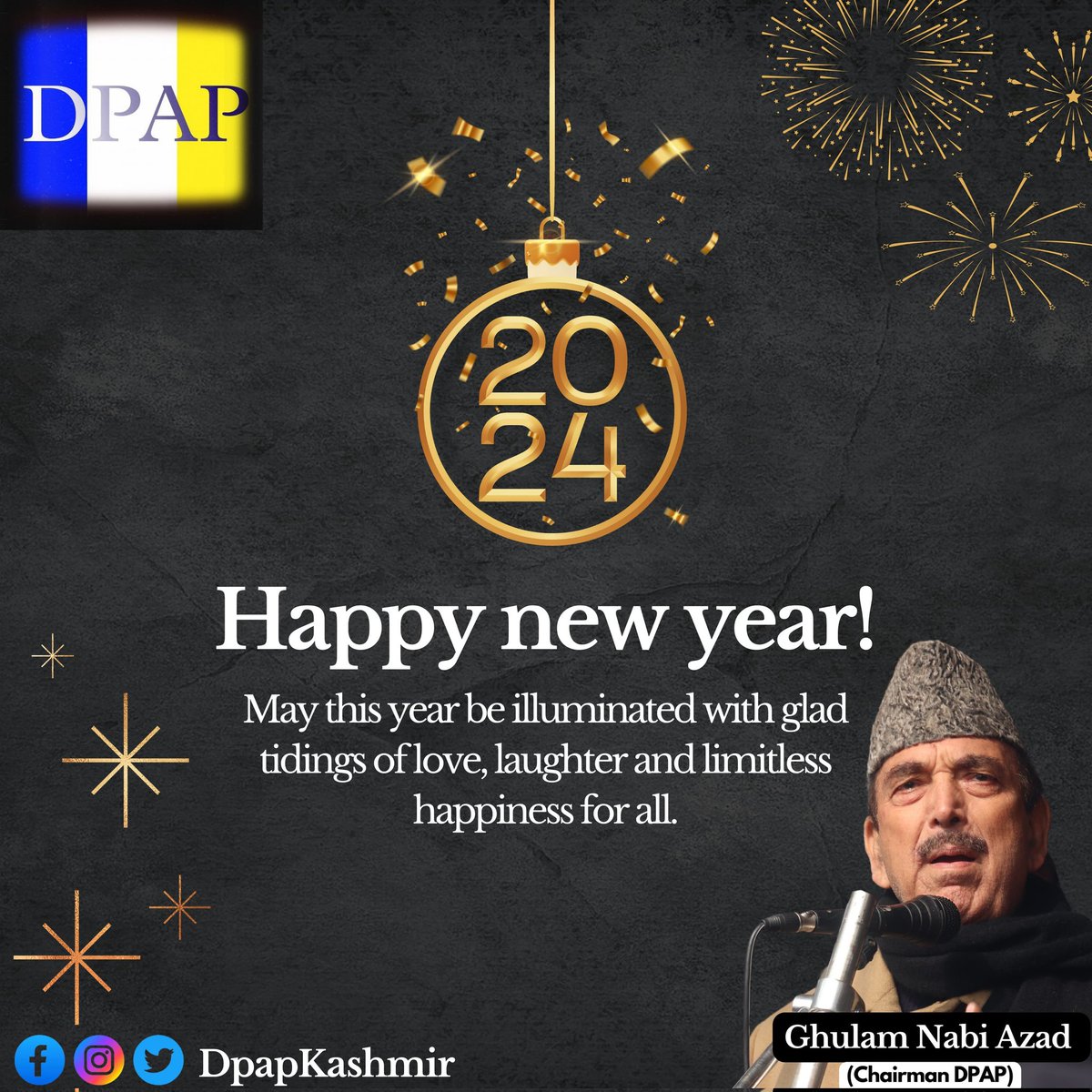 My wish is that the New Year will provide a fresh sense of optimism for the people of Jammu and Kashmir. 

Together, we will persist in our endeavors to foster peace and achieve prosperity for our state.

نیا سال میرے کشمیر کے عوام کو بہت مبارک ہو۔ امید ہے کی اس سال ہم مل جل کر