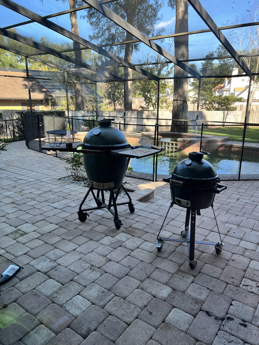 Oh look, the sun rose this morning. So I had to fire up both @BigGreenEgg s to do a pork shoulder for dinner and some burgers for lunch.