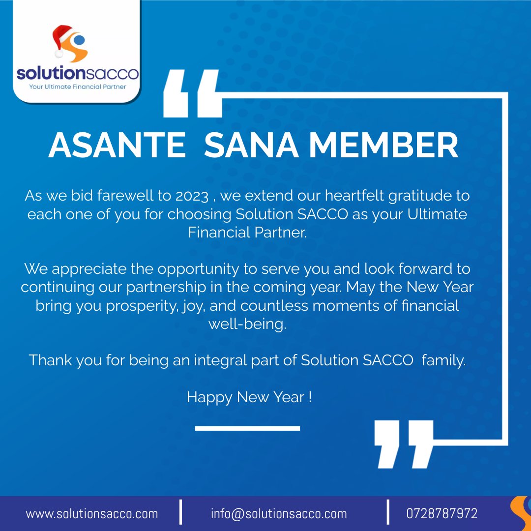 Sol_Sacco's tweet photo. Dear Valued Member,​
​
As we Count down to 2024 ,Please note all our branches will remain closed tomorrow, Monday  1st January 2024 to celebrate the New Year. ​Use out ATMs , App, Agents or *686# to transact.
10... 9... 8... 7...
#yourultimatefinancialpartner
#solutionsacco https://t.co/7SDwiFQ9vg