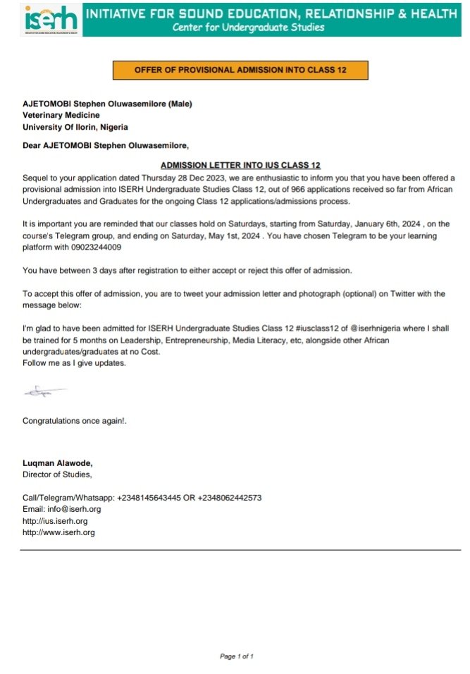 Ahmedmateer_'s tweet photo. I'm glad to have been admitted for ISERH Undergraduate Studies Class 12 #iusclass12 of @iserhnigeria where I shall be trained for 5 months onLeadership, Entrepreneurship, Media Literacy, etc, alongside other African undergraduates/graduates at no Cost. Follow me as I give update https://t.co/L4iB9lS6vt