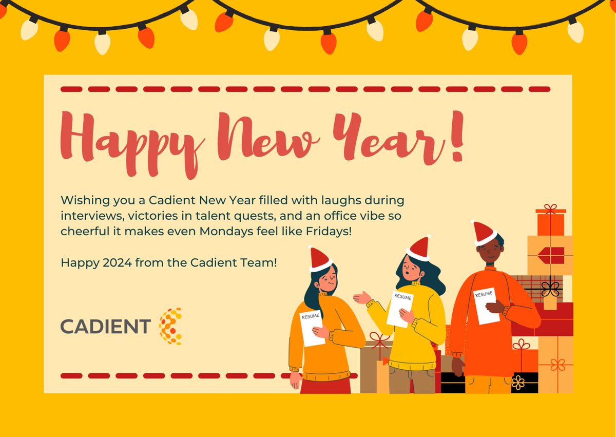Resolving to make 2024 the year of hiring wins and interview room dance-offs! 🎉💼 At Cadient, we're here to turn your talent dreams into reality. Let the recruitment festivities begin! #Cadient #HR #HappyNewYear #NewYear2024 #NewYear2024 #NewYearGreetings