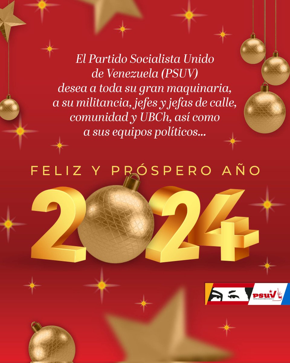 Desde el PSUV deseamos a todo nuestro amado pueblo, a nuestra militancia un feliz, venturoso y próspero año 2024. Que Dios colme todos sus hogares de amor, salud y muchas bendiciones. ¡Este año seguimos juntos transitando por la senda de nuestro Gigante y trabajando con mucho…