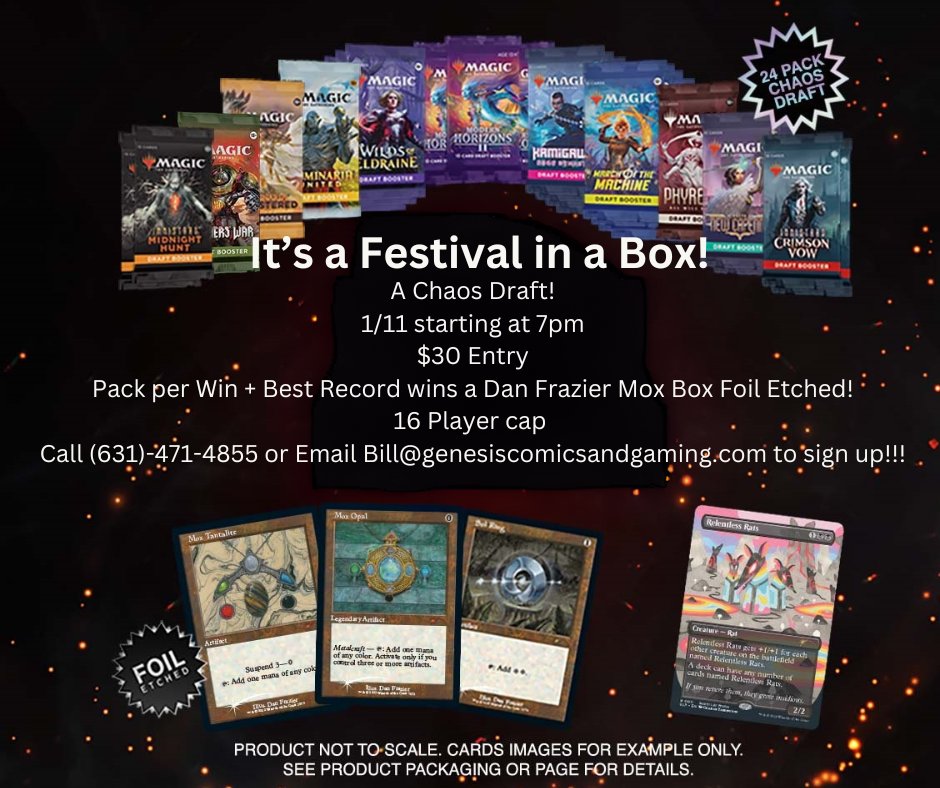 ComicsGenesis's tweet photo. Come on down and Celebrate the New Year Right with a Festival in a Box Chaos Draft!

Call or Email the store to secure your spot! https://t.co/INAWD8QLOU