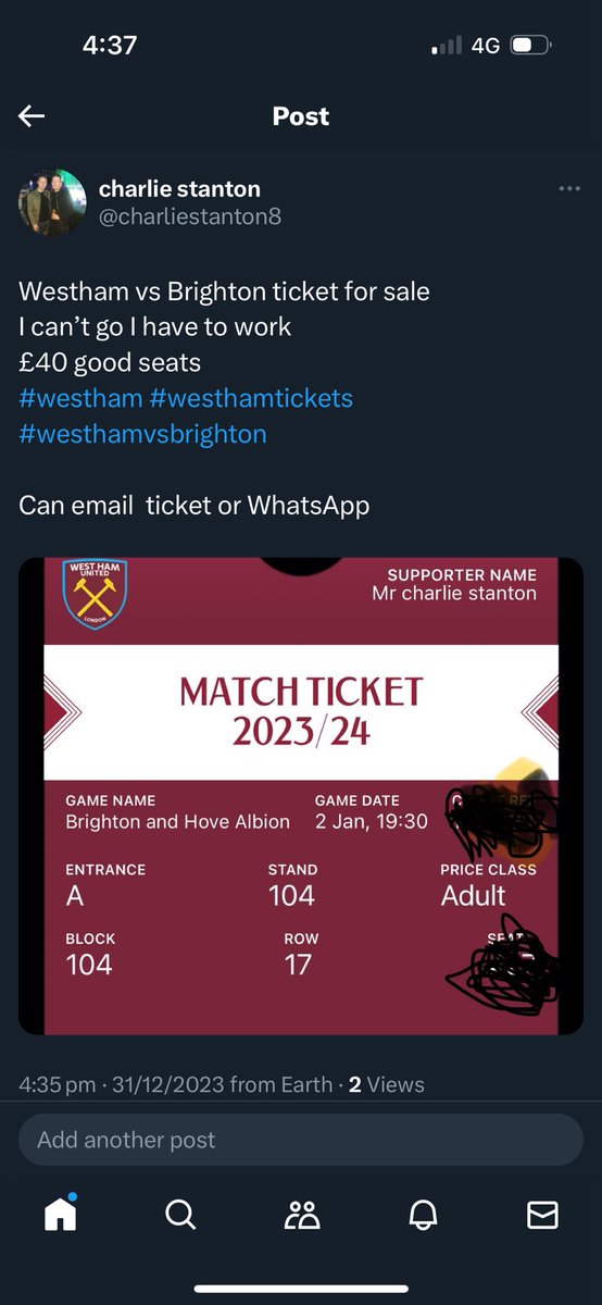 charliestanton8's tweet photo. @WestHam Ticket for sale if anyone wants it ? https://t.co/iKr1E8X1UZ