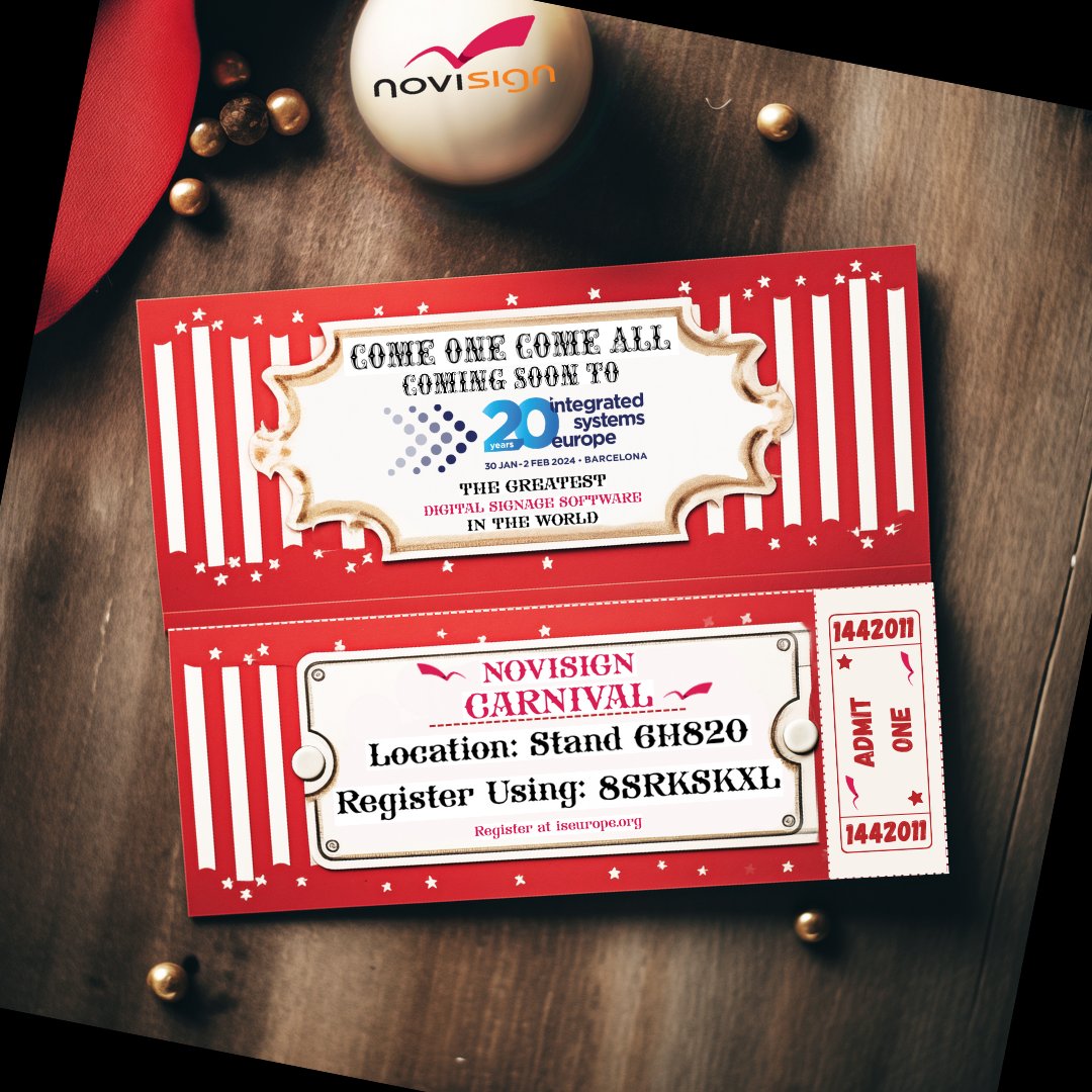 novisign's tweet photo. Join us for ISE 2024 - For The Ultimate Carnival Experience! 
Dates: Jan. 30 to Feb. 2, 2024 
Don't miss the greatest Digital Signage Software in town! Tag your tech-savvy friends and get your ticket to the NoviSign carnival! 
Use our code 8SRKSKXL on https://t.co/ZQqSuJSvhh https://t.co/2ibpcObDI9
