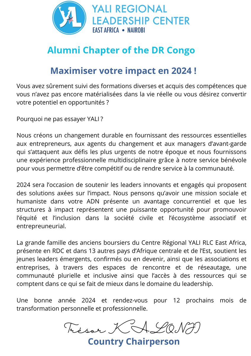 Happy New Year 2024. Let's be focused on impact in the upcoming year. 

Bonne année 2024. Restez focalisés sur l'impact pour cette nouvelle année.
#YALIMaximizeUrImpact 
@YALIRLCEA <a href="/USAIDEducation/">USAID Education</a> <a href="/UNICEFDRC/">UNICEF en RDC</a> <a href="/UNDPAfrica/">UNDP Africa</a> <a href="/Presidence_RDC/">Présidence RDC 🇨🇩</a>