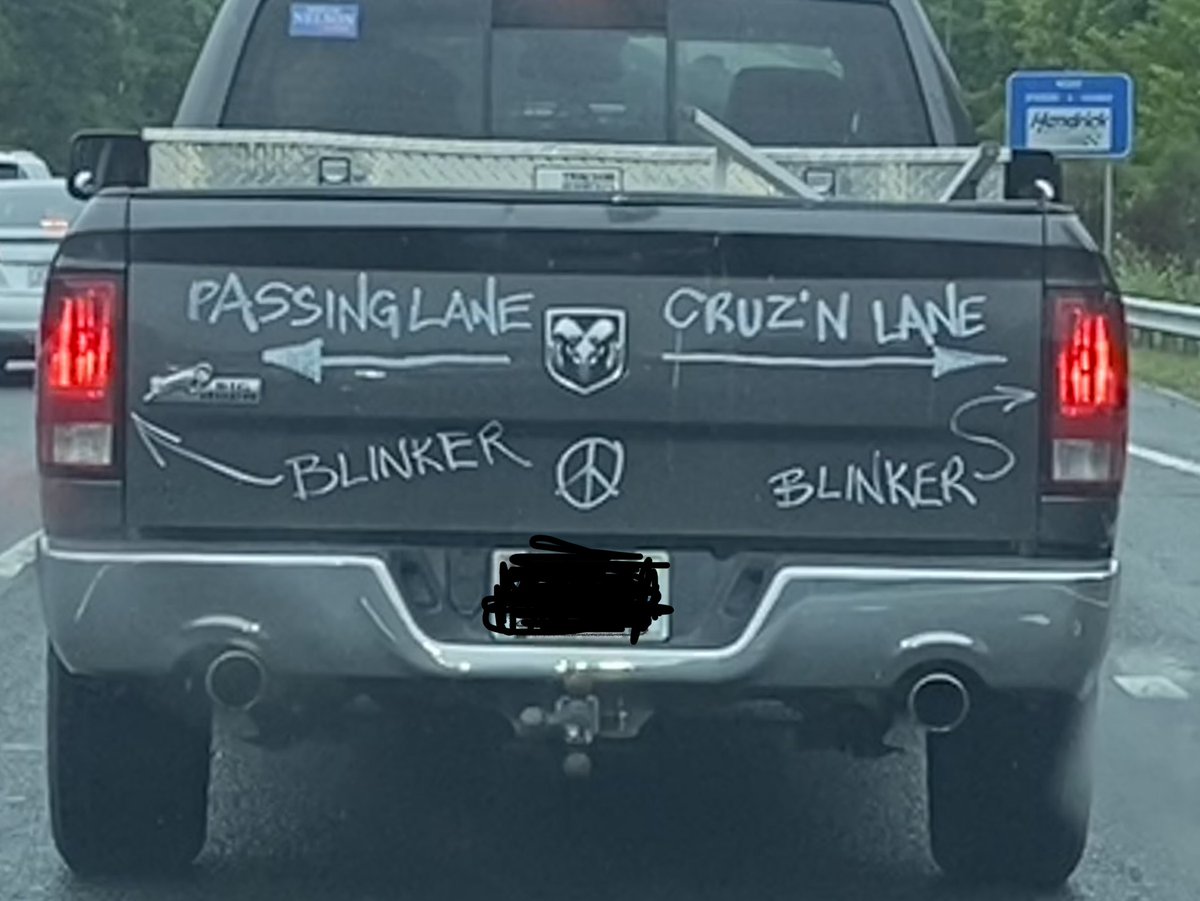 NCDOT's tweet photo. 1️⃣ Our No. 1 story in 2023 is also our No. 1 social media post of all time. 
A chance encounter on I-40 sparked a nationwide discussion with nearly 17 million views. 

⬅️ Passing Lane ... Cruz'N Lane ➡️ 
And don't forget your blinkers. ☮️ 

Safe driving y'all!
#TailgateTalk https://t.co/iIP5U63xJe