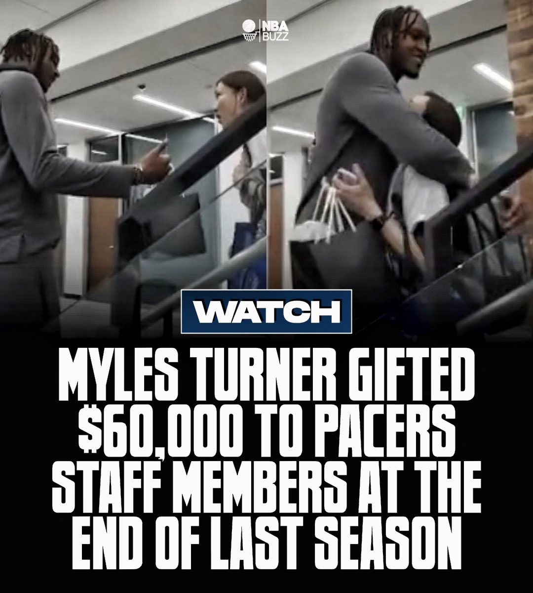 CourtsideBuzzX's tweet photo. At the end of last season, Myles Turner gifted each member of the Indiana Pacers’ staff between $500 & $3,000 in cash along with his MTX merchandise. 

In total, he gave away $60,000 because the staff members didn’t get a bonus from the organization because they missed the playoffs. 

Shoutout to Myles Turner! 👏