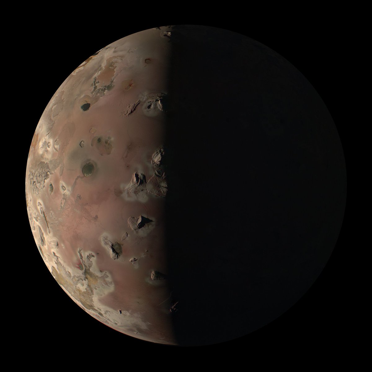 @NASAJPL @SwRI A color view of Jupiter's moon Io, the most volcanically active body in the solar system, captured by NASA's #JunoMission on Dec. 30. More images at missionjuno.swri.edu. Make your own virtual visit to Io at science.nasa.gov/jupiter/moons/… 
Image processed by Kevin M. Gill