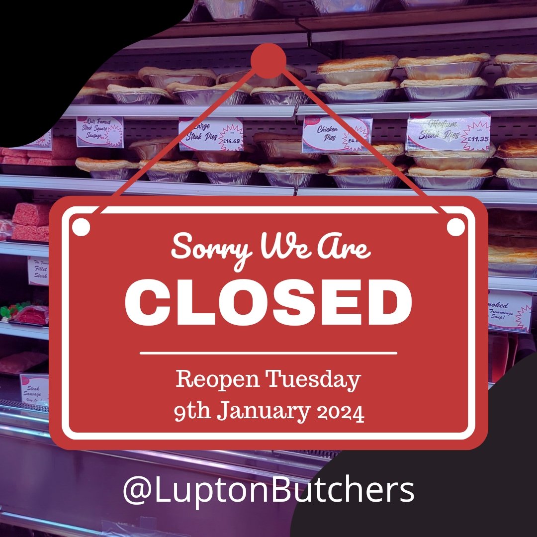 LuptonButchers's tweet photo. ⚡ That's all folks ⚡

I'd like to thank everyone who came through the door and supported us during the festive period.

We are having a well deserved rest now and the shop will be closed until Tuesday 9th January 2024.

Hope everyone has a great New year, see you in 2024 https://t.co/8nJiaKkvaM