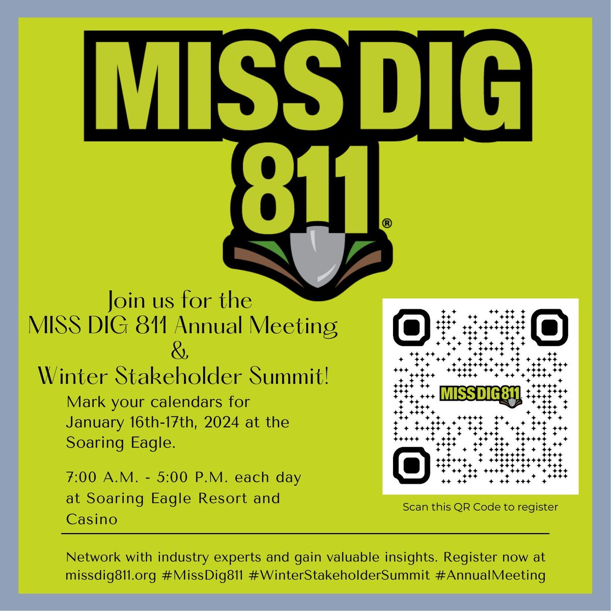 MISSDIG811's tweet photo. Make it your New Year’s resolution to plan ahead before your next digging project by attending the MISS DIG 811 Annual Meeting and Winter Summit. We look forward to seeing you there! #MISSDIG811 #bestpractices #safedigging https://t.co/UlKE4WQaC0