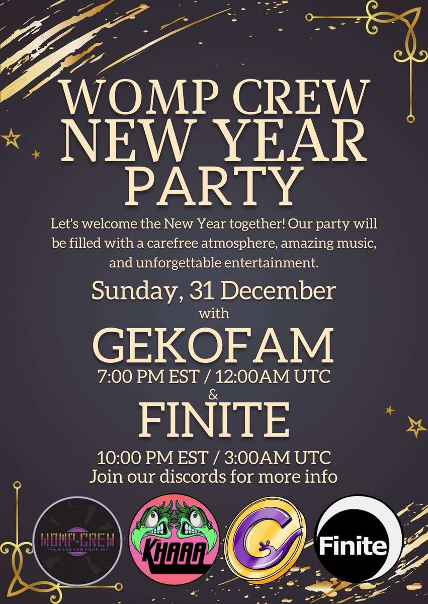 🪩 New Year Party 🪩 @Gekofam party at 3:00p EST We go live with afterwards at 7:00p EST with Geko Game We are very proud to introduce $FINITE & @BOAlgorandNFTs $KHAAA $GRUB $FINITE #Algorand #AlgoLFG #WompCrew