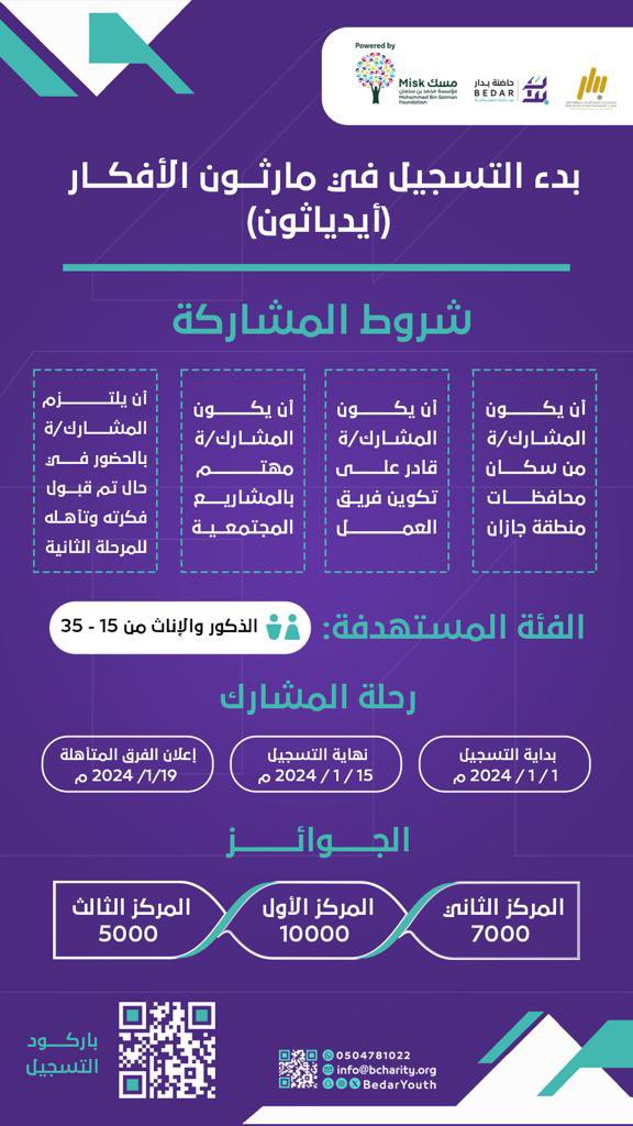 بدار لتنمية الشباب (@bedaryouth) on Twitter photo كثير من الابتكارات أساسها فكرة، واحنا معك لتنفيذها 🤩✅
التسجيل في #حاضنة_بدار بدأ والمرحلة الأولى هي الأيدياثون 🤩✨
رابط التسجيل⬇️
incubatorbedar.org
#جيناكم
#جمعية_بدار <a href="/MiskKSA/">Misk Foundation | مسك</a> كثير من الابتكارات أساسها فكرة، واحنا معك لتنفيذها 🤩✅
التسجيل في #حاضنة_بدار بدأ والمرحلة الأولى هي الأيدياثون 🤩✨
رابط التسجيل⬇️
incubatorbedar.org
#جيناكم
#جمعية_بدار <a href="/MiskKSA/">Misk Foundation | مسك</a>