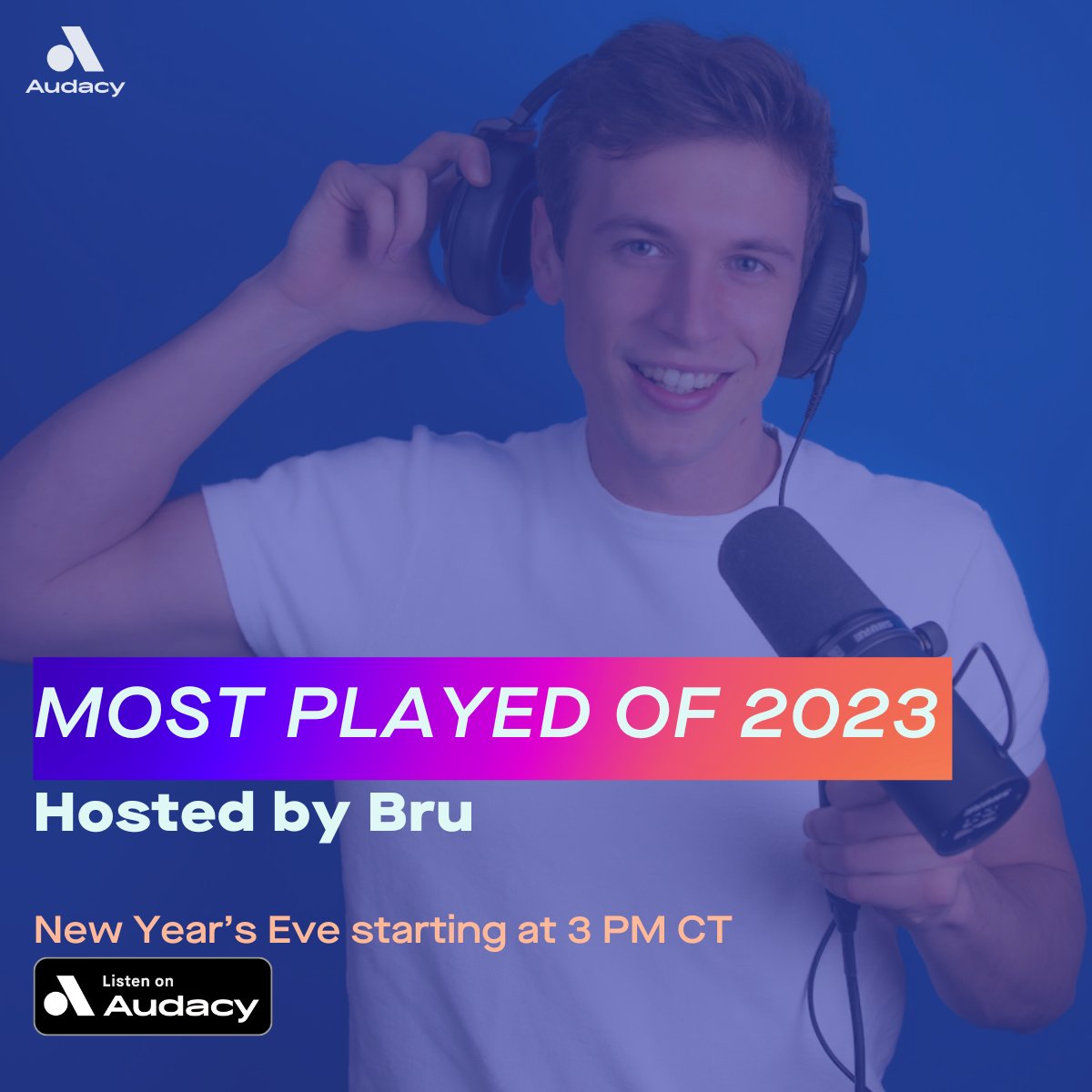 Our boy @BruOnTheRadio is counting down Audacy's Most Played of 2023 on your favorite Pop stations TODAY at 3 PM CT! 🙌 🎧 From @bts_bighit's Jung Kook to @taylorswift13 to @MileyCyrus + more, don't miss ringing in the New Year with your faves: auda.cy/B96