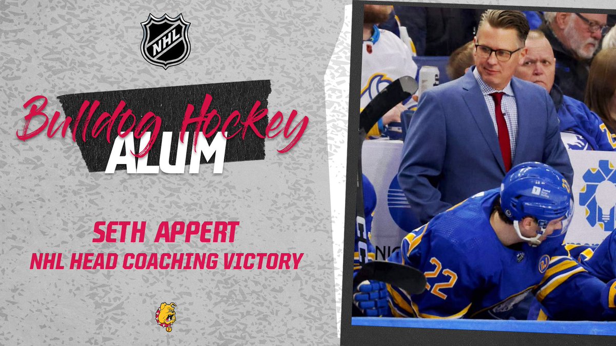 ferrisathletics's tweet image. NHL VICTORY! Congrats to Bulldog alum Seth Appert on earning his first NHL head coaching victory last night, filling in as head coach for the Buffalo Sabres in a 2-1 OT win! He's the third former Dawg to serve as a NHL head coach in the last two years! bit.ly/3TImZCk